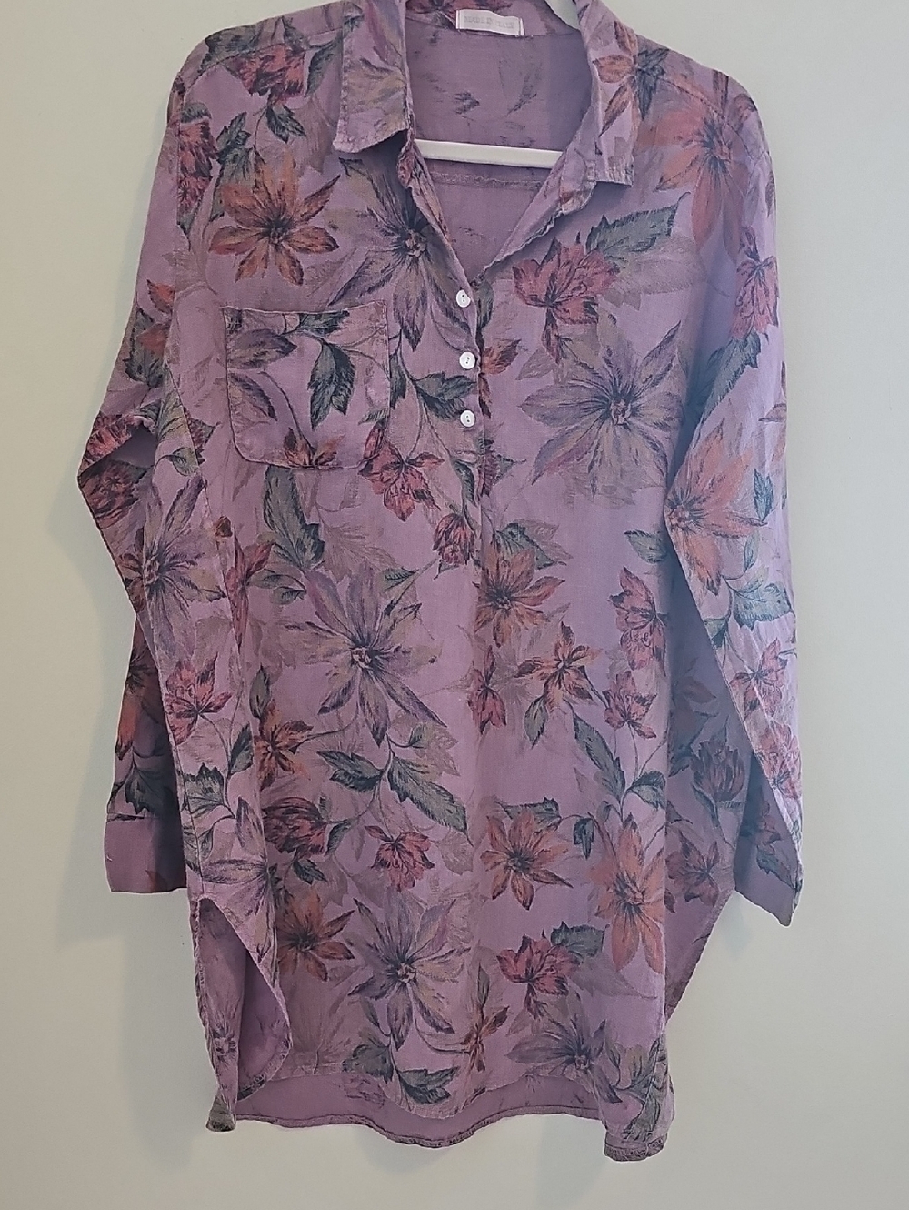 Made in Italy Floral Tunic Blouse Womens Size L Purple Linen Blend Oversized